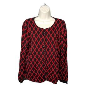 PBJ Sport Red Black Diamond Long Sleeve Size Medium Womens Cardigan Lt Weight